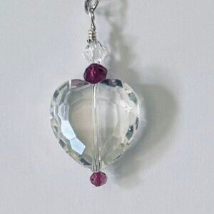 Necklace Heart Clear Crystal Glass Faceted Handmade w/Beads 18" stainless chain
